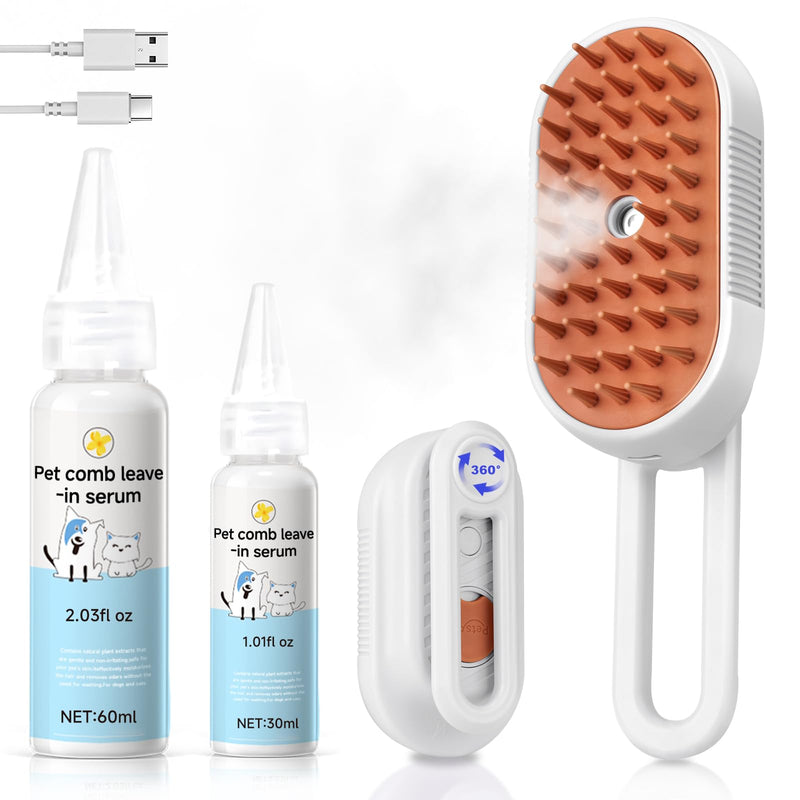 Steam Brush for Cat & Dog – 3-in-1 Spritz Pet Spray Hair Removal Comb for Grooming & Shedding Steam – Water Brush for Long & Short Haired Pets– Includes Two Bottles Waterless 2*Shampoo 7.8″-90ML white