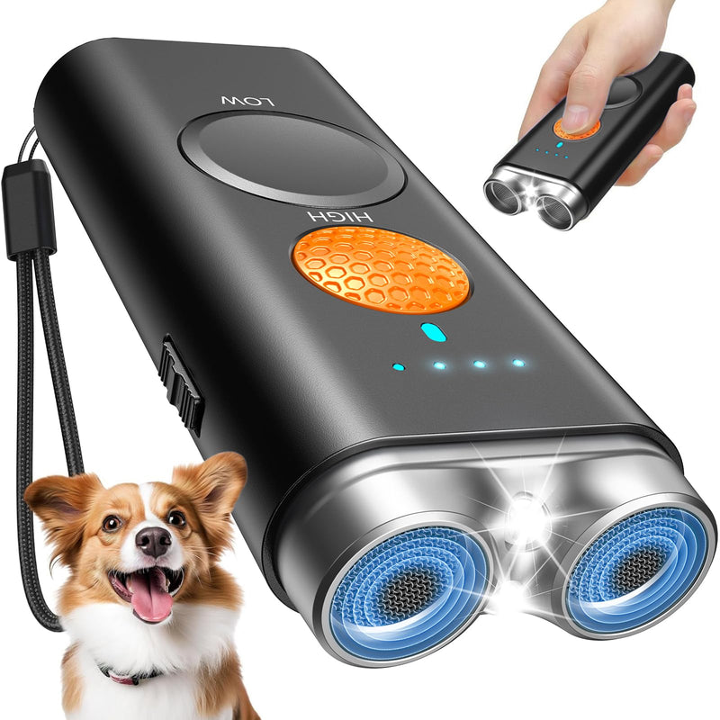 Dog Bark Deterrent Device, Anti Barking Device for Dogs Training Indoor Outdoor No More Bark Ultrasonic 2X Effective Emitters 50ft Range to Stop Neighbors Dog Barking Rechargeable for All Dogs Black