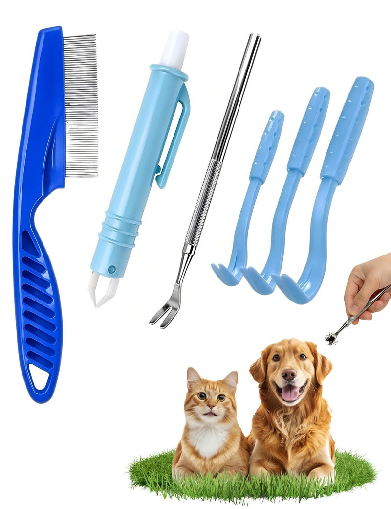 Tick Removal Tool 6 in 1, Pet Tick Remover Kit with Flea Comb, Portable Outdoor Stainless Steel Control Fork, 3 Ultra-Safe Twister for Dogs, Cats, Horses & Humans (Blue) BLUE - PawsPlanet Australia