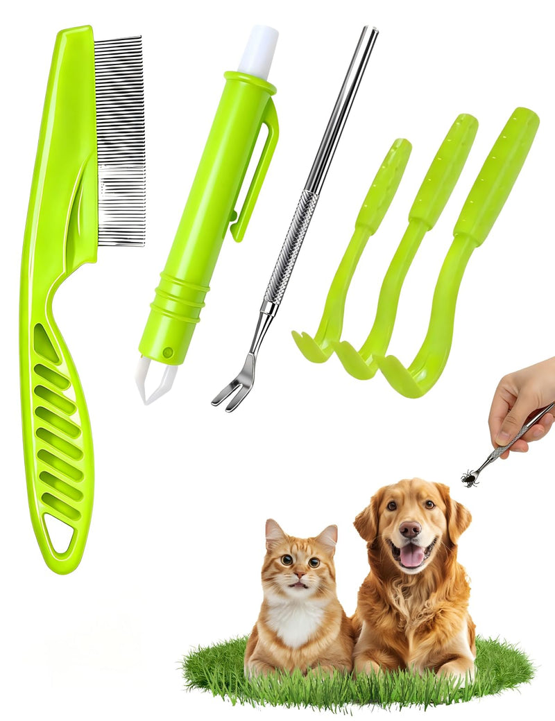 Tick Removal Tool 6 in 1, Pet Tick Remover Kit with Flea Comb, Portable Outdoor Stainless Steel Control Fork, 3 Ultra-Safe Twister for Dogs, Cats, Horses & Humans (Green) GREEN