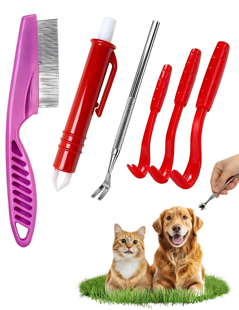 Tick Removal Tool 6 in 1, Pet Tick Remover Kit with Flea Comb, Portable Outdoor Stainless Steel Control Fork, 3 Ultra-Safe Twister for Dogs, Cats, Horses & Humans (Red) RED