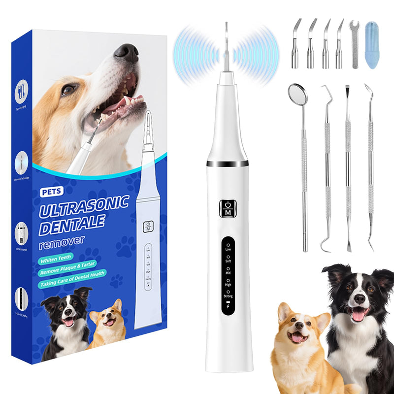Ultrasonic Pet Plaque and Tartar Remover - Teeth Cleaning Kit with LED Light, 5 Modes, 7 Brush Heads, IPX7 Waterproof for Dogs and Cats