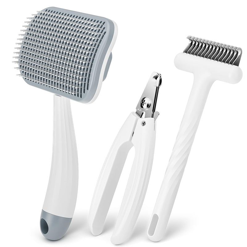 3-Piece Dogs & Cats brush for shedding - Self Cleaning Slicker Brush, Dematting Comb & Nail Clipper - Professional 3-in-1 Grooming Set for Shedding, Mats & Tangles - Easy At-Home Pet Care Tools