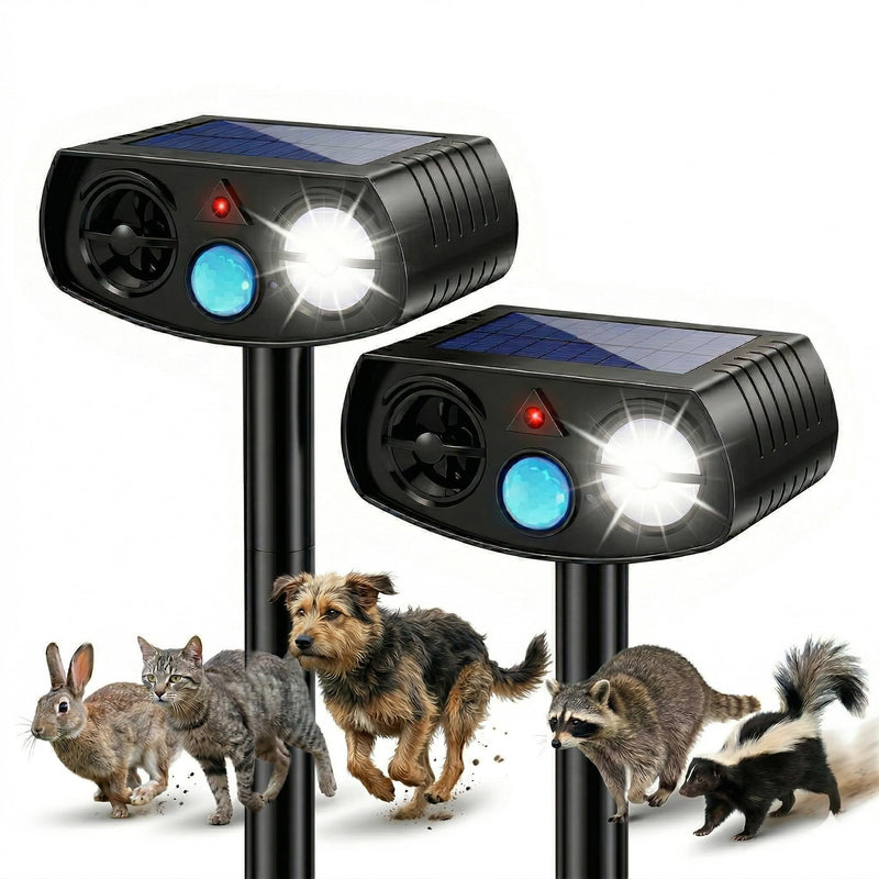 Solar Ultrasonic Animal Repeller Outdoor, Motion Sensor Waterproof Pest Deterrent, Raccoon Skunk Fox Squirrel Rabbit Dog Cat Deer Repellent for Yard Garden Farm, 33ft 120° Coverage, 2 Pack Black Matt Black - PawsPlanet Australia
