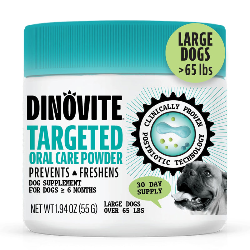 Dinovite Dog Dental Powder, Brush-Free Breath Freshener & Teeth Cleaning Dental Care Powder with Probiotics & Postbiotics, Oral Care Bad Breath Treatment, Large Dogs, Made in USA, 30 Day Supply 1.94 Ounce (Pack of 1) - PawsPlanet Australia