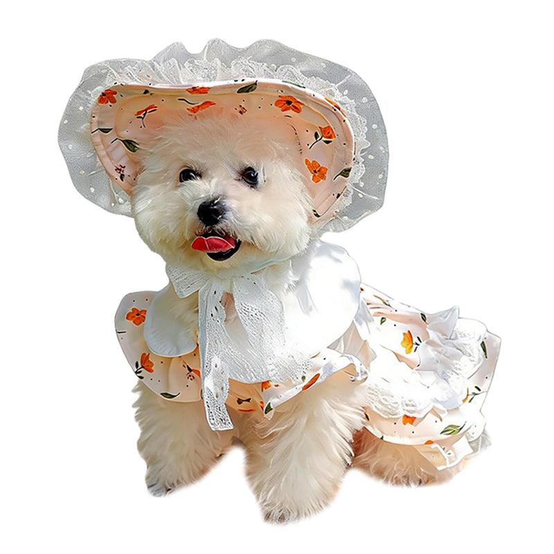 2 Pcs Pet Floral Dress and Lace Sunhat, Summer Skirt with Laces for Dog, Cute Bowknot Dresses for Cat, for Birthday Party and Outdoor Travel (Orange, Medium) Orange Small