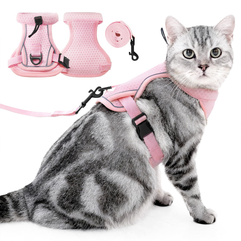 2 Pcs Cat Outdoor Harness and Leash, Escape Proof Adjustable Vest for Pet, Breathable Mesh Reflective Strip Vests, for Most Cats and Samll Dogs (Pink, M) Pink