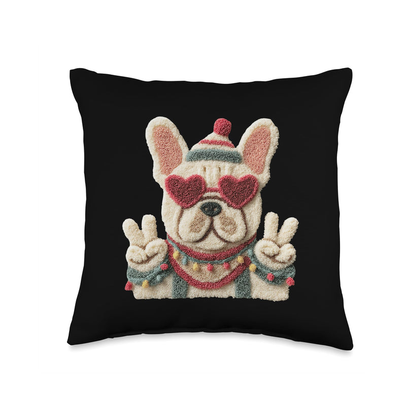 Cute French Bulldog Heart Sunglasses Funny Pet Design Throw Pillow 16x16