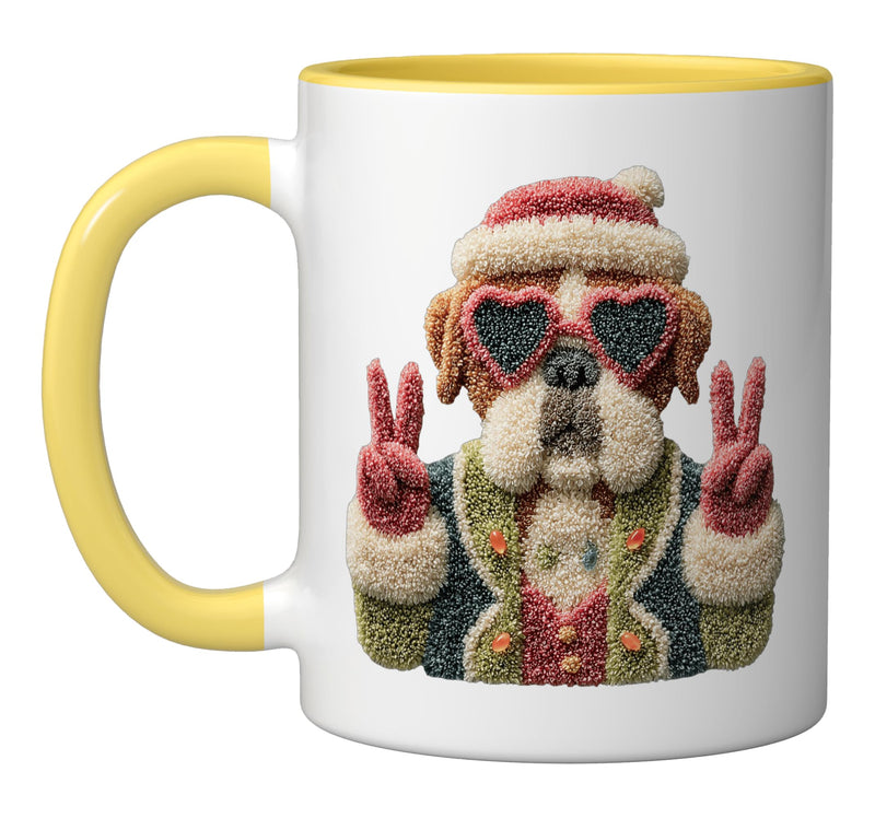 Funny Santa Dog Cute Pet Retro Style Design with Sunglasses Ceramic Mug, Yellow/White 11 Ounces - PawsPlanet Australia