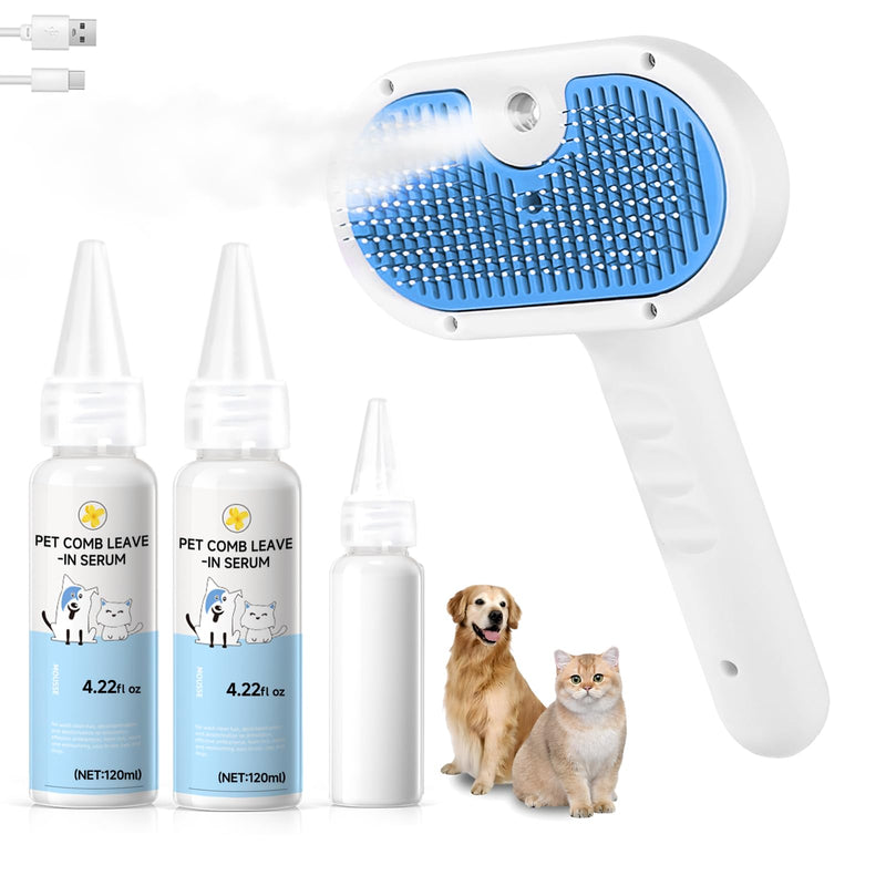 Pet Steam Brush for Dog & Cat - 3-in-1 Steam Grooming Brush for Shedding & Hair Removal - Pet comb leave-in serum with Mist for Long Haired Pets - Includes 2*Waterless Shampoo, Blue 7.88'' - 240ML