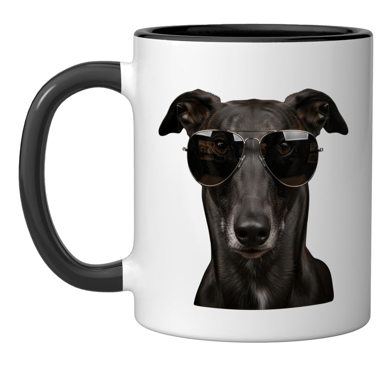 Greyhound Dog Sunglasses Cool Minimalist Pet Portrait Ceramic Mug, Black/White 11 Ounces