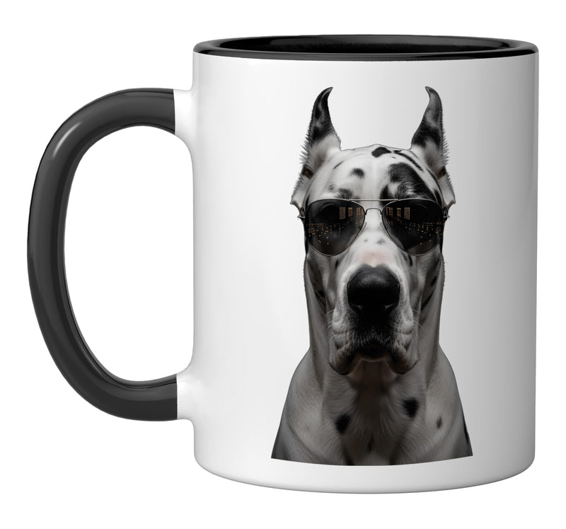 Spotted Dog Sunglasses Cool Minimalist Pet Portrait Ceramic Mug, Black/White 11 Ounces