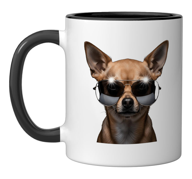 Chihuahua Sunglasses Cool Dog Face Stylish Pet Art Ceramic Mug, Black/White 11 Ounces