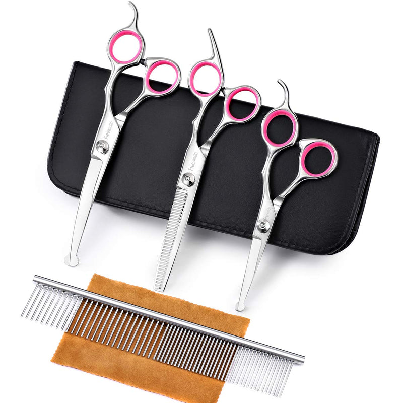 Dog Grooming Scissors Kit with Safety Round Tip, Heavy Duty Stainless Steel Dog Scissors Set Include Straight Scissors, Curved Scissors, Thinning Shears and Comb for Dog Cat Hair Care - PawsPlanet Australia