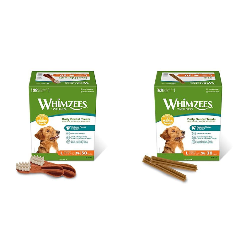 WHIMZEES Stix Natural Grain Free Dental Care Snacks (30 Pack) Large & Toothbrush Natural Grain Free Dental Care Snacks Chew Sticks for Large Dogs Monthly Pack (30 Pack) Large