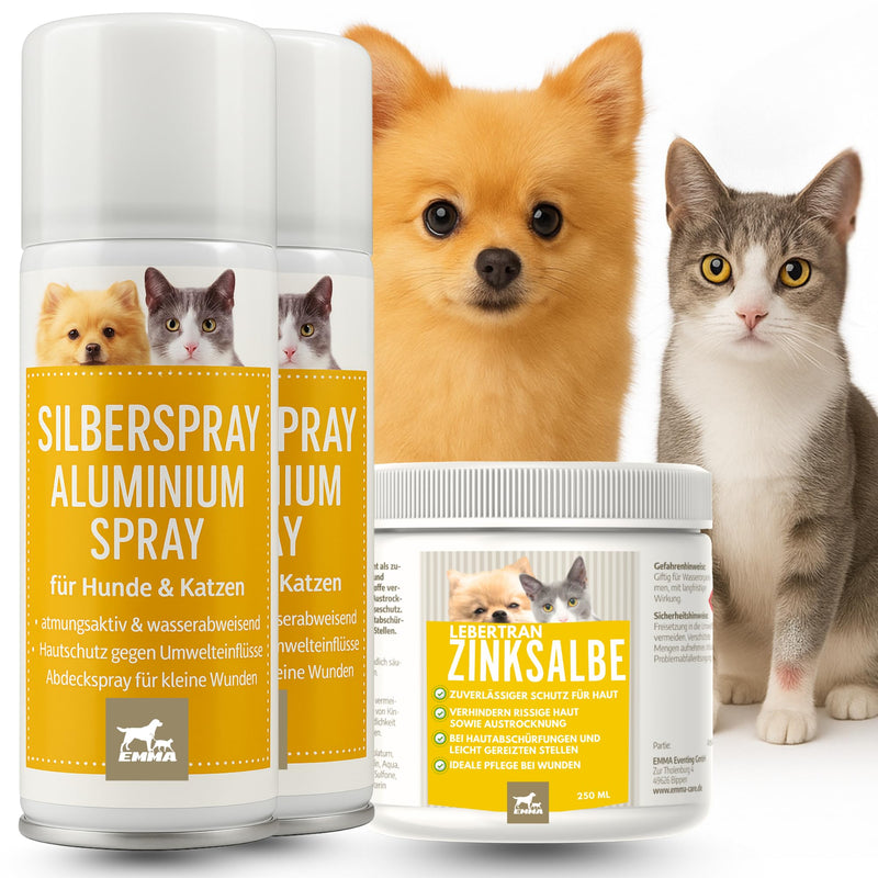 First Aid Set Dog & Cat - Silver Spray + Cod Liver Zinc Ointment I Wound Spray & Wound Protection for Animals I Zinc Ointment Against Itching Sore Skin & Small Injuries I Paw Protection & Skin Care 2 x 0.1 L 0.25 L