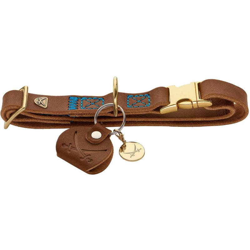 HUNTER Sansibar Dog Collar Colour: Cognac, Elegant Cowhide Leather, Maritime Details, Blue Decorative Stitching, Brass-Coloured Fittings, Fully Adjustable, Stylish and Robust, Made in Germany, Size: M