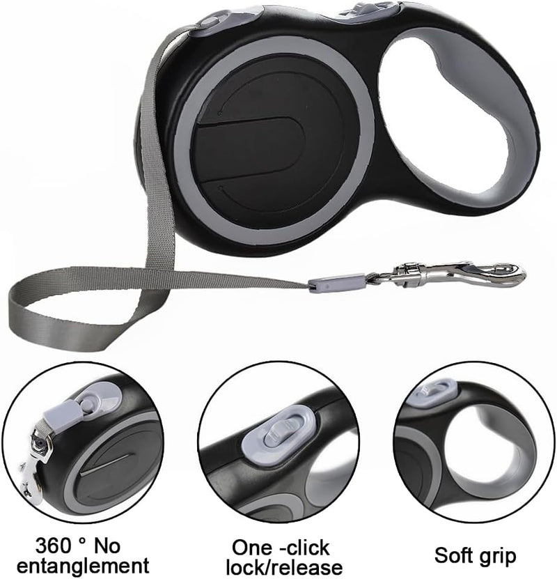 New Retractable Dog Leash, Tangle-Free 360 Degree Pet Walking Leash with Non-Slip Handle, Nylon Strap for Pets up to 110 lbs, One Hand Lock & Release Control (Black) Black - PawsPlanet Australia