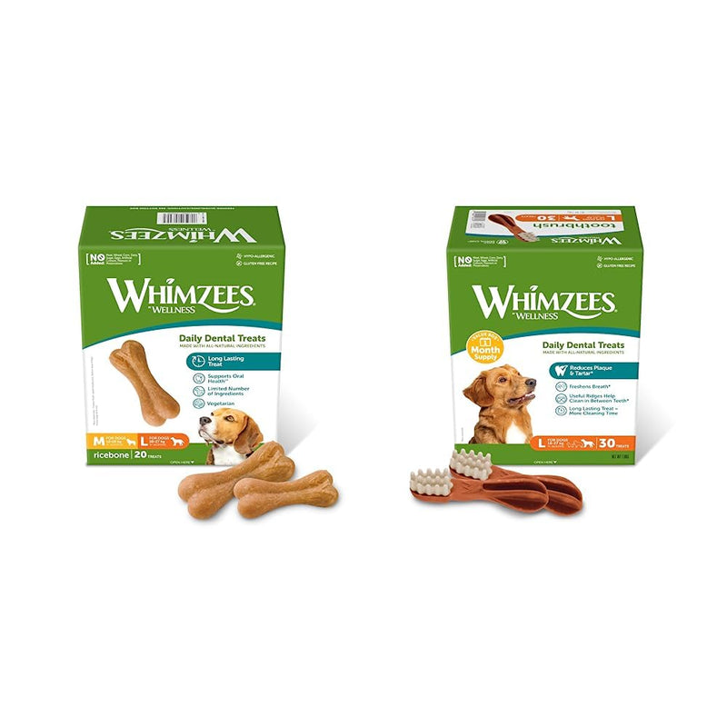 WHIMZEES by Wellness Rice Bones, Natural & by Wellness Toothbrush, Natural Grain-Free Dental Care Snacks, Chew Sticks for Large Dogs, Monthly Pack (30 Pack) Large