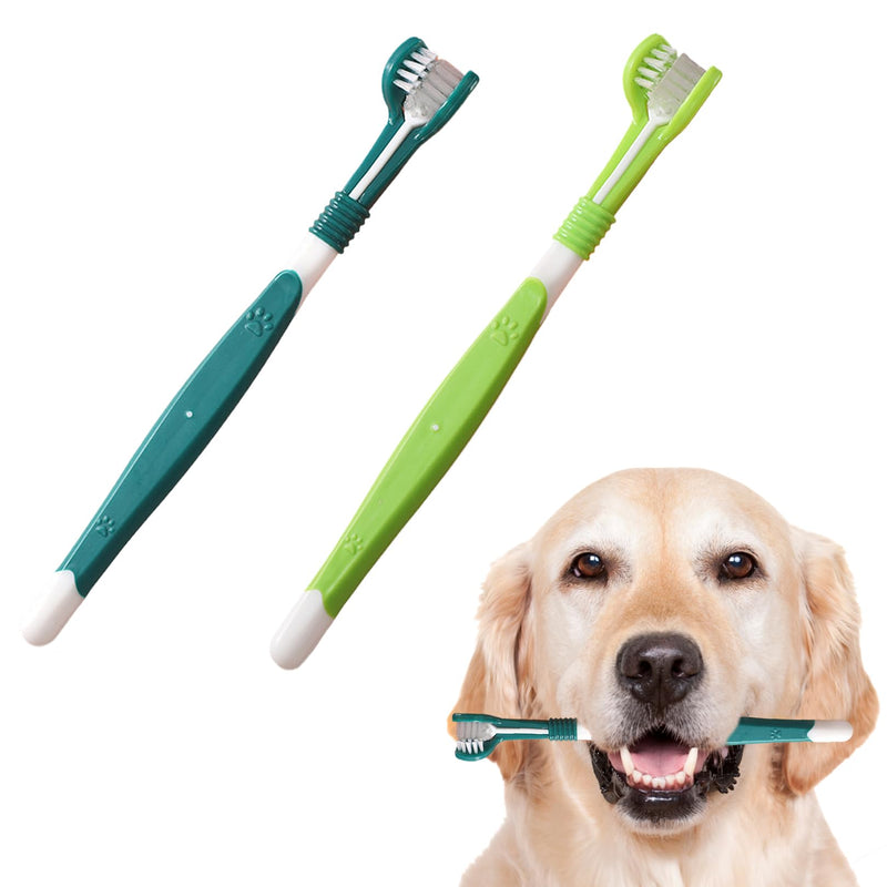 Pack of 2 dog toothbrushes, long handle dog toothbrush, cat toothbrush, three-head pet toothbrush, 360 degree cleaning of the mouth, comfort and durability, for cleaning dogs and cats