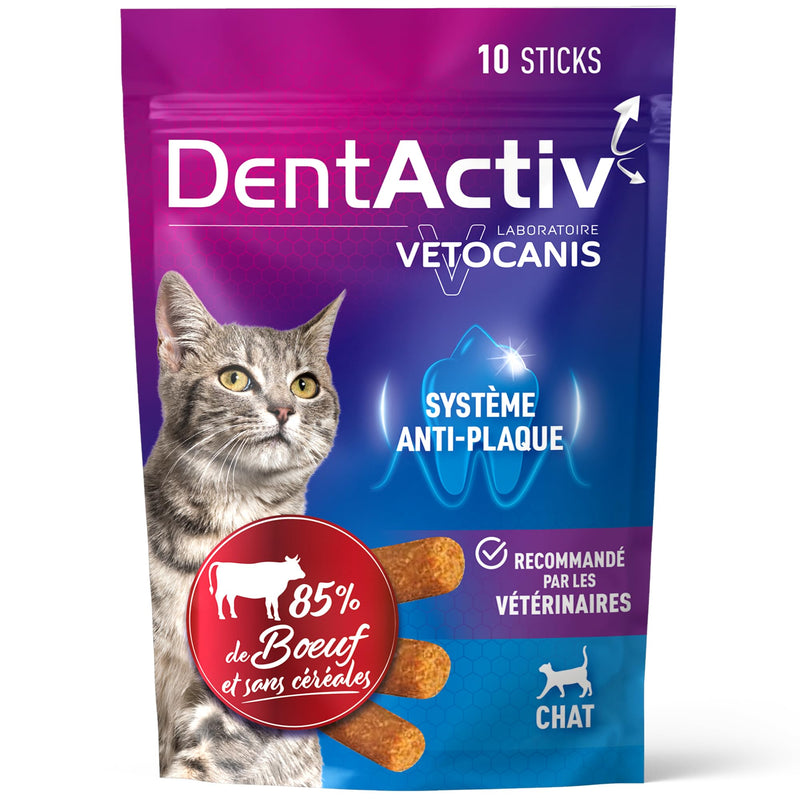 Vetocanis Dentactiv Dental Cat Sticks Delicious Cat Treats Cat Dental Care & Health Cat Snacks 85% Beef Cat Food Recommended by Veterinarians Anti-Plaque System 60 g (Pack of 1)