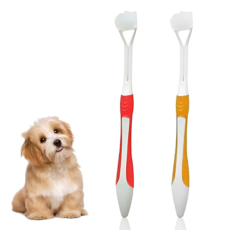 Pack of 2 Teeth Brushing Dog Toothbrush Cat Toothbrushes Dog Toothbrush for Pet Dental Care Triple Head Toothbrush for Easy Oral Care (Red and Yellow)