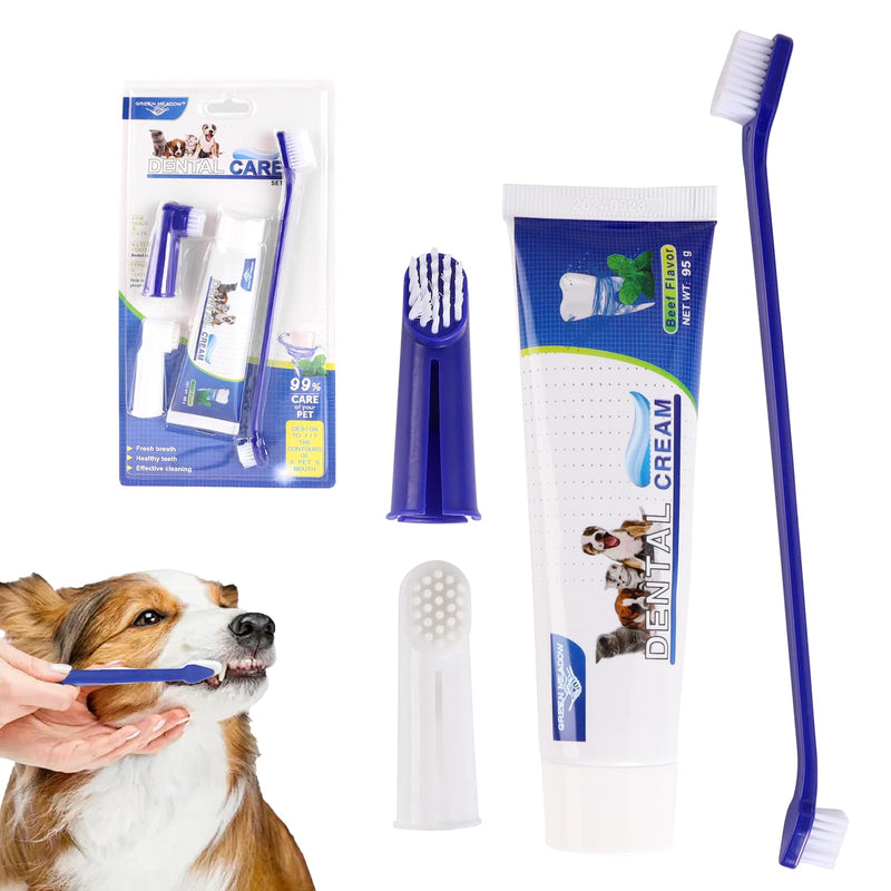 Dog Dental Care Set, Dog Toothpaste Against Tartar and Dog Toothbrush Finger Toothbrush Set, Dog Toothbrush, Dental Care for Dogs and Cats, Removes Plaque and Bad Breath (Blue) Set 2