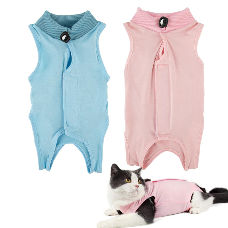 Pack of 2 Cat Bodysuit After Surgery, Cat Onesie After Surgery, Breathable, Soft Anti-Licking Bodysuit for Cats, Recovery Clothing After Sterilisation for Operations, Abdominal Wounds, Skin Diseases Blue and pink S