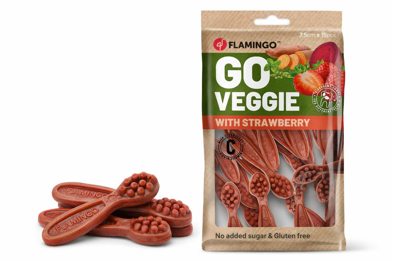 Flamingo Dog Treat - Veggie Toothbrush with Strawberry Small - 120 g - Gluten Free - Low Calorie - Dental Care Snack