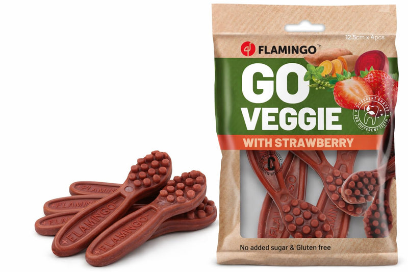 Flamingo Dog Treat - Veggie Toothbrush with Strawberry - 160g - Gluten Free - Low Calorie - Dental Care Snack