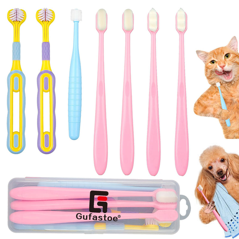 Pack of 7 Pet Toothbrushes, Toothbrush for Dogs and Cats, 2 Pieces Triple Heads Dog Toothbrushes Multi-Angle Teeth Cleaning Set for Small, Medium and Large Pets Blue + Blue + Pink 7 pcs (Pack of 1)