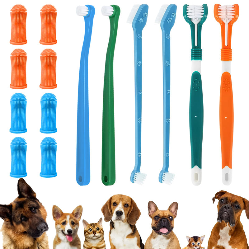 14-Piece Dog Toothbrush Set, Dog Toothbrush with 3-Head Brush & Finger Brush, Dog Dental Care Accessories for Pets, Multi-Angle Teeth Cleaning Set for Small, Medium and Large Pets
