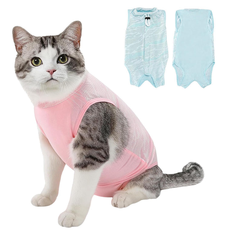 Pack of 2 Cat Bodysuit After Surgery, Comfortable and Breathable Recovery Suit Op Body Cat Castration Spay Weaning Lick Protection Suit Cat Clothing for Cat Body Surgery (Pink+Blue) (L) L