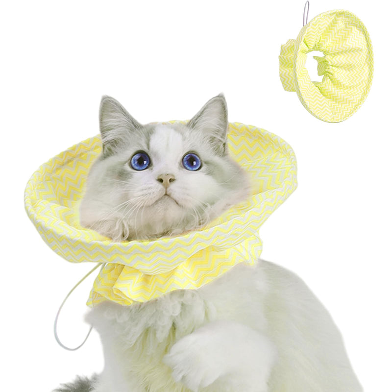 Soft Cat Recovery Cone - Adjustable Drawstring, Elizabethan Collar, Neck Protector for Cats After Surgery, Lightweight Collar to Prevent Licking Wounds (Yellow, One Size) yellow one size
