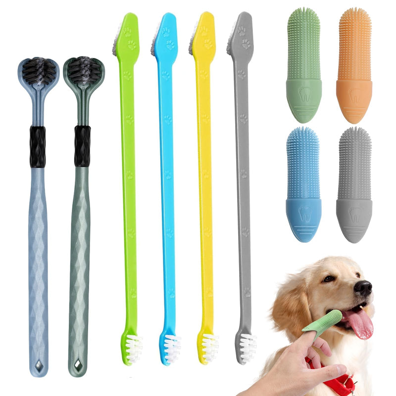 Set of 10 Dog Toothbrushes, 4 Finger Cots Dog Dental Care, 2 Triple Dog Toothbrushes, 4 Double Head Toothbrush for Dogs and Cats, Teeth Cleaning & Halitosis Reducing
