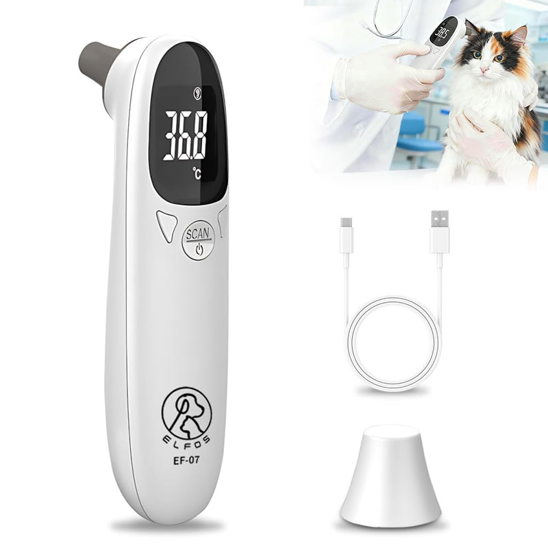 Ear Thermometer Dog Fever Thermometer with LED Display, 12.8 x 3.9 cm Portable Fever Thermometer Ear, Fever Detection for Cats, Dogs, Cows, Ferd (White)