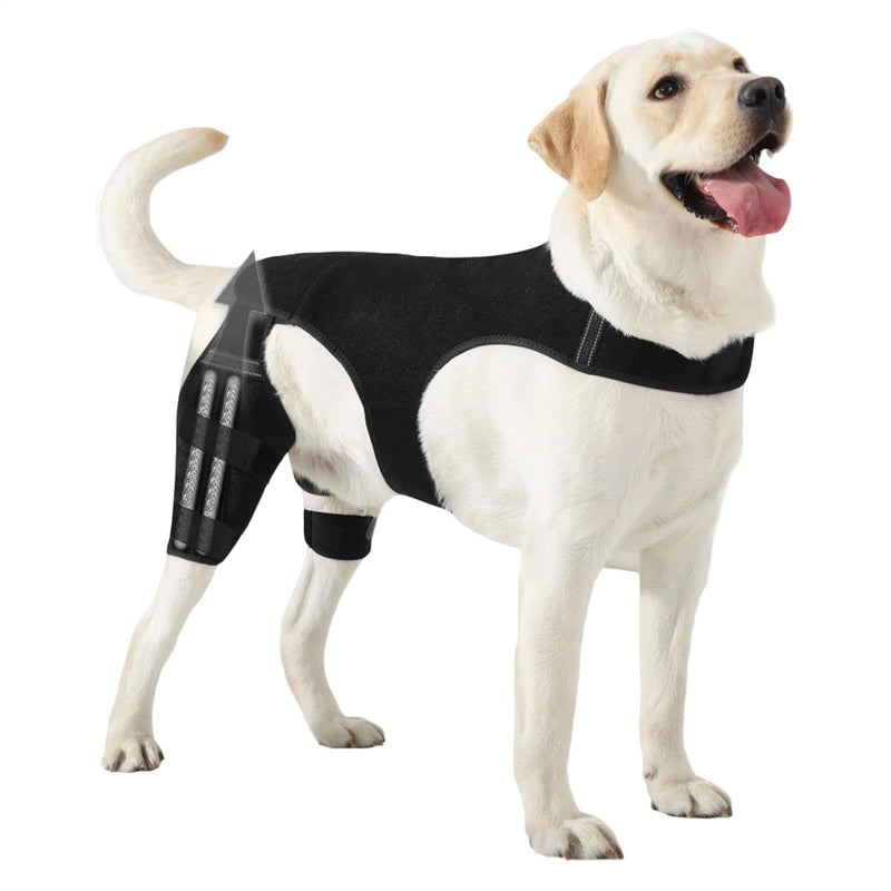 Dog Hip Bandage - Adjustable Knee Bandage with 4 Metal Stabilisers for Supporting the Hind Legs - for Hiking, Training, Outdoor Activities, Park, Travel, at Home black L