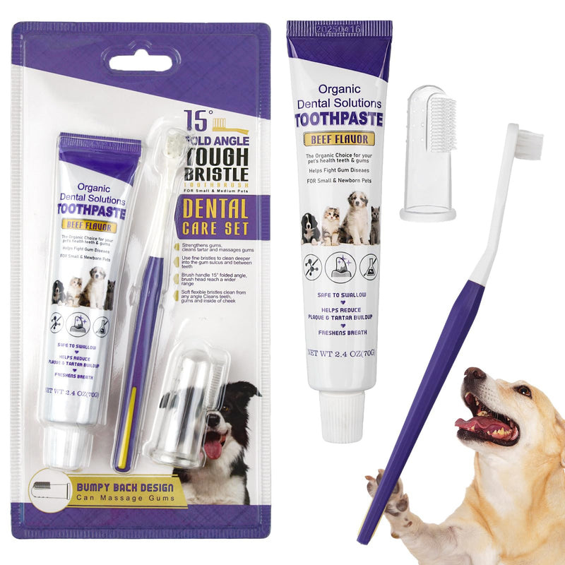 Dental care dog set, toothbrush for dogs and cats, dog toothpaste against tartar, with toothbrush, toothpaste and dog toothbrush, finger toothbrush, removes plaque and bad breath, beef flavor Blue Version