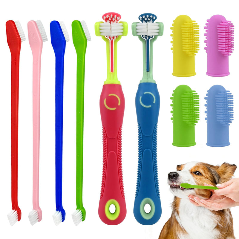 Dog Toothbrush Set, 10 Pieces, for Dogs and Cats, 2 Pieces 3-Head Dog Toothbrushes, 4 Double Heads, 4 Finger Toothbrushes, 360° Cleaning, for Small and Large Dogs, Families with Multiple Pets