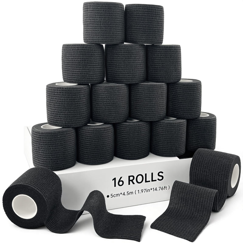 HONYAO Self-Adhesive Dressing, 16 Rolls, 5 cm x 4.5 m Bandage Material, Self-Adhesive Bandage for Dogs, Cats, Horses, Elastic Bandage for Wrist Ankle Sports, First Aid, Black Black 16