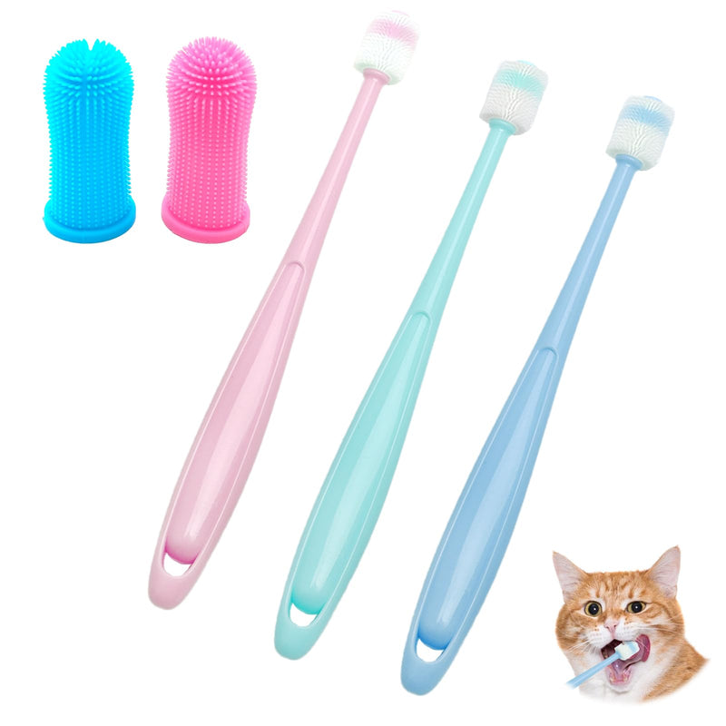 Cat Dental Care Toothbrush Set - 3 Pieces Cat Toothbrush + 2 Pieces 360 Degree Toothbrush, Soft Silicone Toothbrush, Reusable for Small Pets Dogs and Cats in Pink, Blue, Green