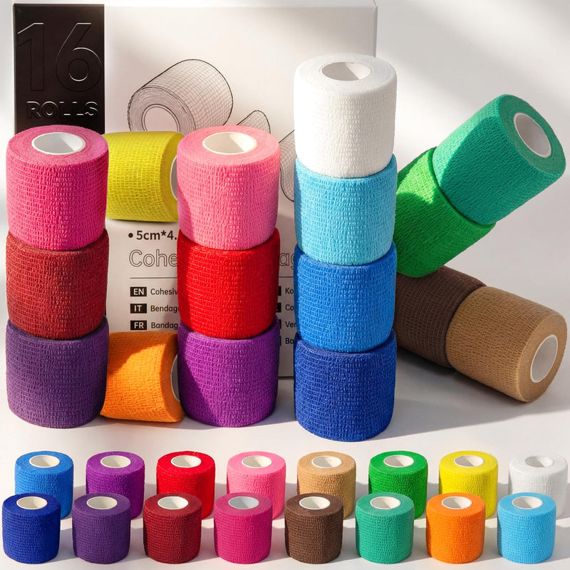 HONYAO Self-Adhesive Bandage, 16 Rolls, 5 cm x 4.5 m Bandage Material, Self-Adhesive Bandage for Dogs, Cats, Horses, Elastic Bandage for Wrist Ankle Sports First Aid, 16 Colors Colorful 16
