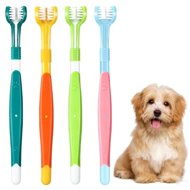 4 Piece Pet Toothbrush Set, Triple Head Dog Toothbrush with 360° Cleaning for Dogs and Cats of All Sizes (Small, Medium, Large Pets)