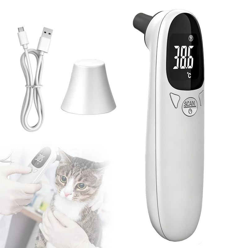 Ear Thermometer Dog, Fever Thermometer Ear Dog with LED Display, Digital Pet Thermometer for Dogs and Cats, 12.8 x 3.9 cm Portable Ear Thermometer for Cats, Dogs, Cows, Ferd (White)