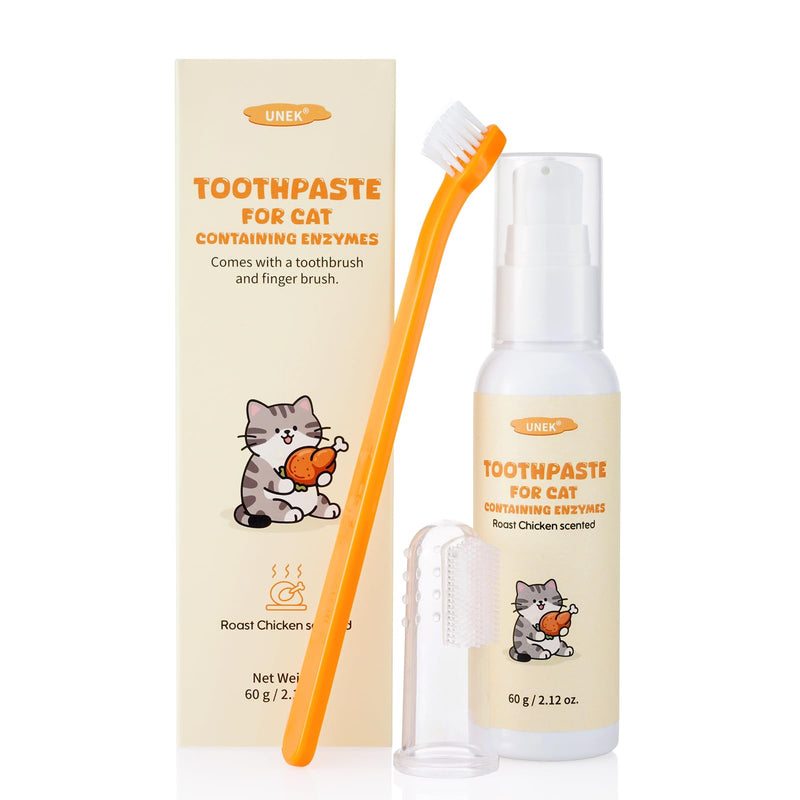 UNEK Cat Dental Care Kit - Enzymatic Toothpaste 60g with Roast Chicken Flavor, Includes Toothbrush and Finger Brush, Helps Reduce Plaque and Bad Breath
