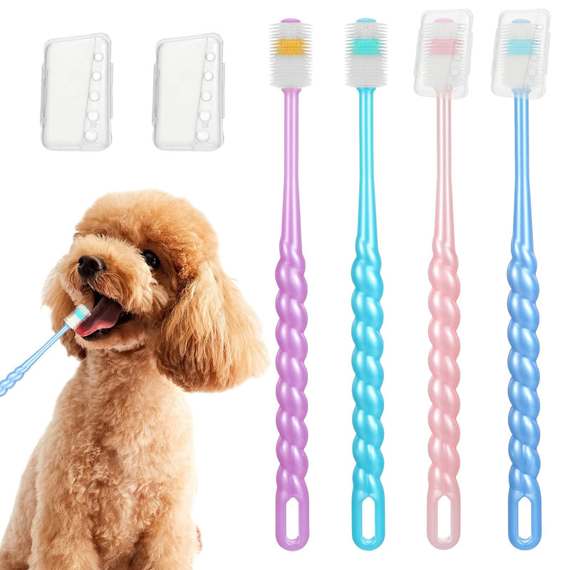 4-Piece Cat Toothbrush, Dog Toothbrush for Small Dogs, 360 Degree Cleaning Dog Toothbrush, Reusable Bristle Long Handle Toothbrush (Pink, Purple, Blue, Green)