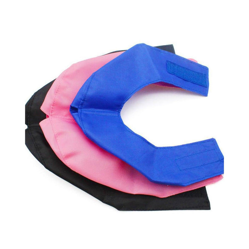 Eye patch for pets, cats and dogs, blue nylon with small hole design and sticky strap. Portable for calming during bathing and grooming.