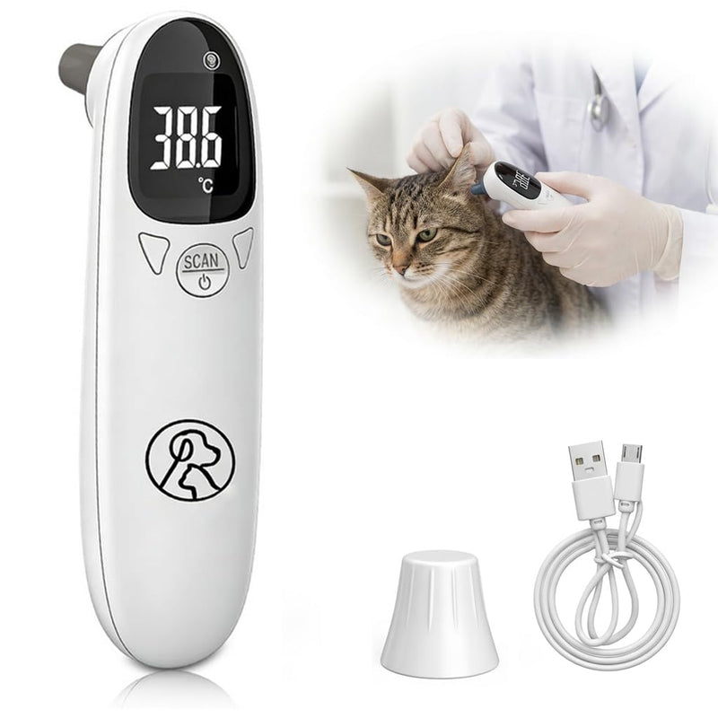 Ear thermometer for dogs and cats, digital pet thermometer with LED display, fast fever detection in seconds, portable ear thermometer for puppies, cows and sheep