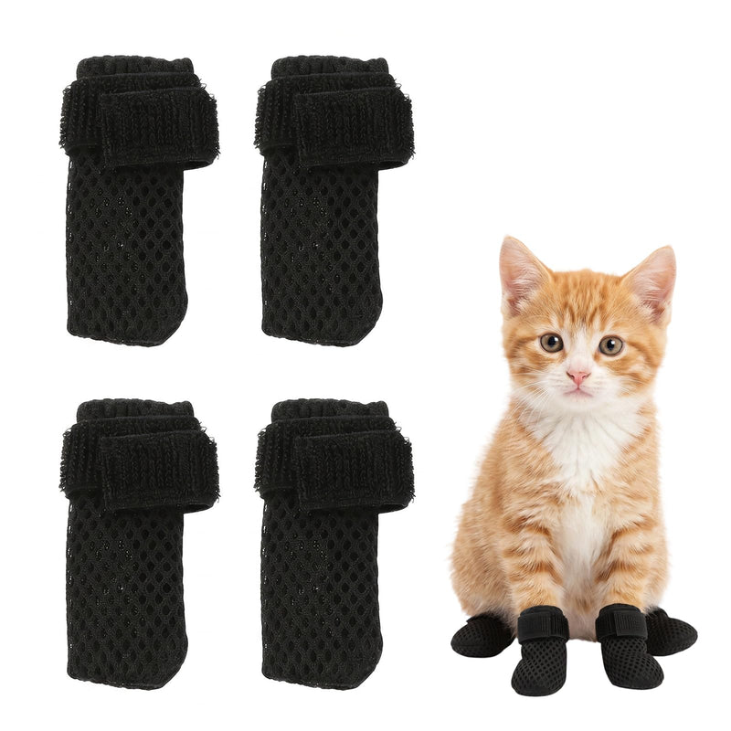 Pack of 4 Black Adjustable Cat Mesh Shoes, Breathable Paw Protection, Pet Shoes - Suitable as Anti-Scratch Boots for Bathing & Nail Care (Size S)