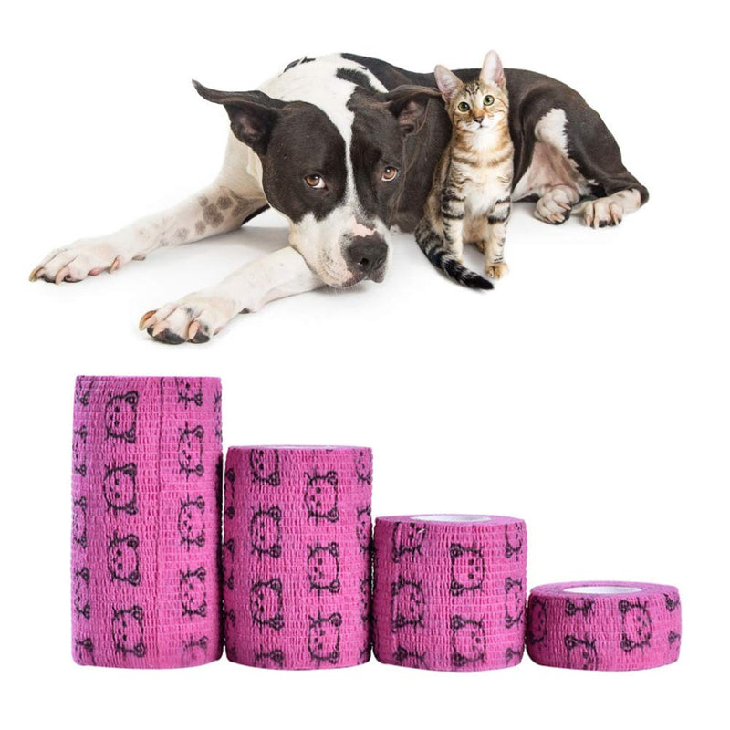 Haofy Dog Bandage, 4 Pieces, Cosmic Pet Bandage, Wrap Bandage, Soft, Self-Fixing, Breathable, Air Permeable, 5.9 x 5.9 cm, for Small Dogs, Hmostase, Green, Pink, Red, Yellow Rose Cat Face